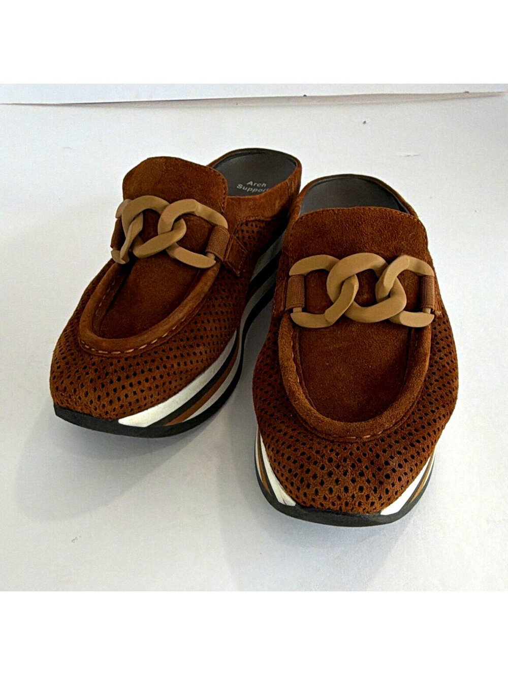 Softwaves Arch Support Brown Suede Wedge Platform Mule Chain Slip-On Sz 39.5